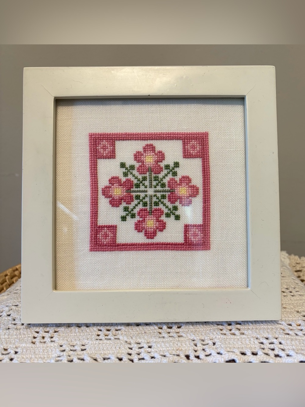 Handcrafted Needlepoint Framed Pink and Green Floral Small
